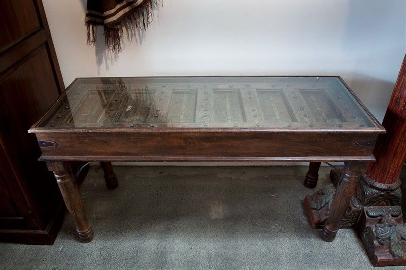Anglo Indian 19th century Console Table,sofa table made from an old carved architectural panel door.<br />
Glass Inset Top<br />
<br />
Mosaik provides Antiques,Art Deco, Moorish Style, Spanish, African, Islamic Art, Arabian, Middle Eastern,