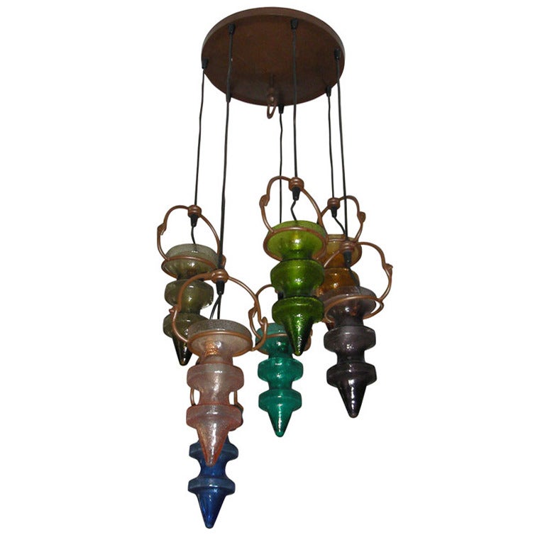 1970s Moulded and Colored Glass Chandelier For Sale