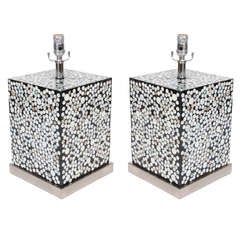 Pair of Cube Resin Lamps with Inclusion of Mother Of Pearl
