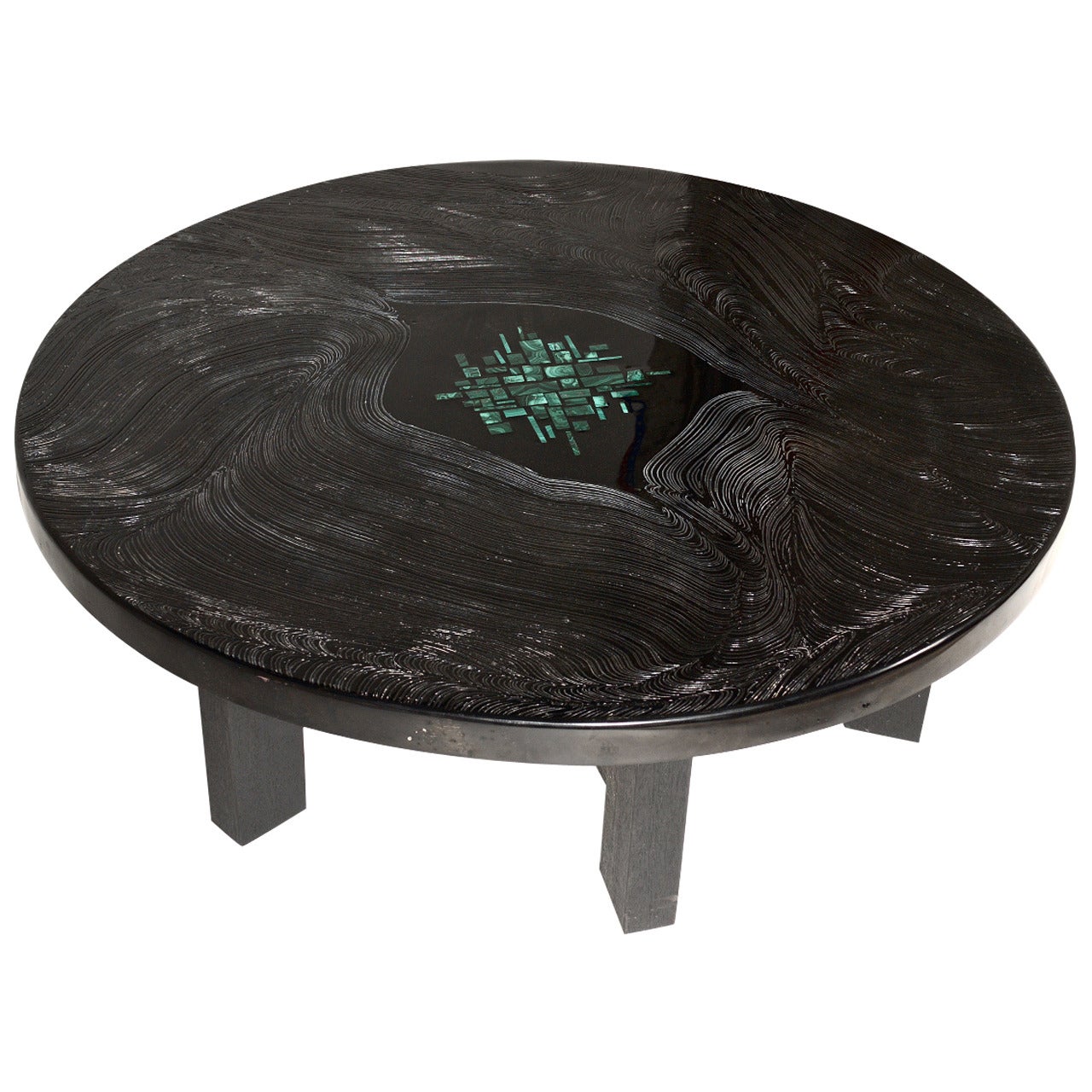 Circular Coffee Table Black Resin and Malachite by F. Dresse