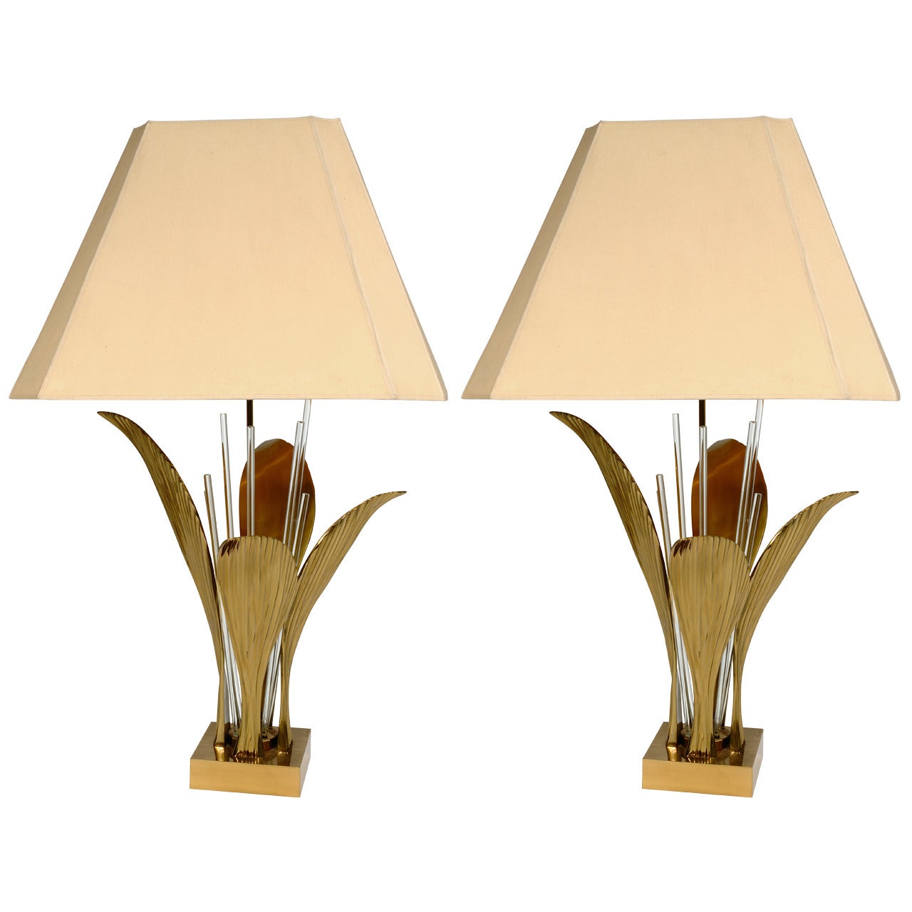 Pair of Lamps by Willy Daro Bronze Leaf and Glass
