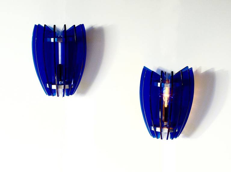Pair of sconces by Veca Milano in blue Cobald, new rewired, Italy, 1970.