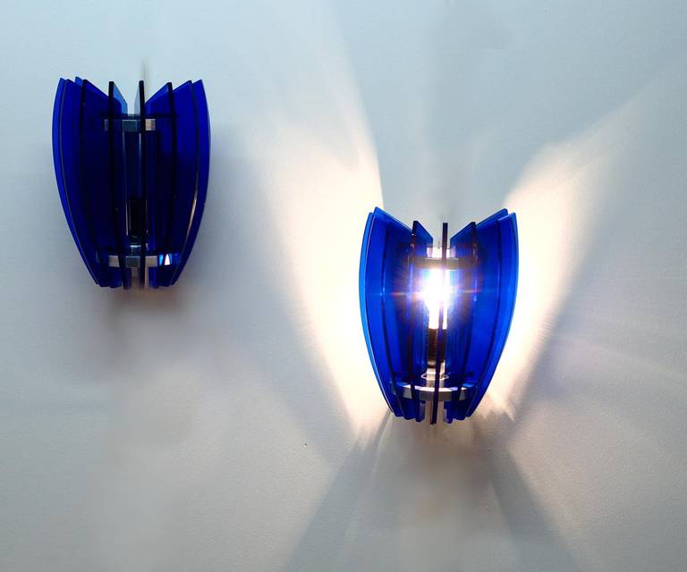 Mid-Century Modern Pair of Sconces by Veca Milano in Cobalt Blue, Italy, 1970 For Sale