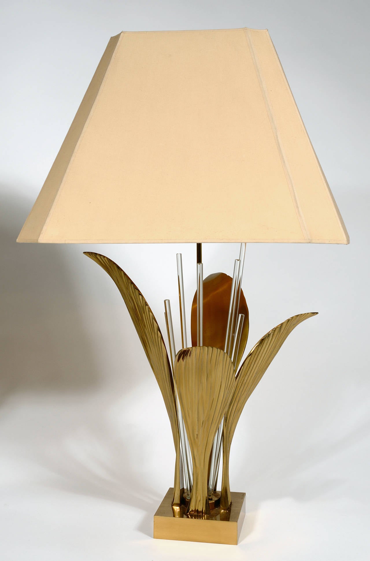 Pair of lamps by Willy Daro, leaf bronze and glass, original shade and conditions, signed by the artist.
