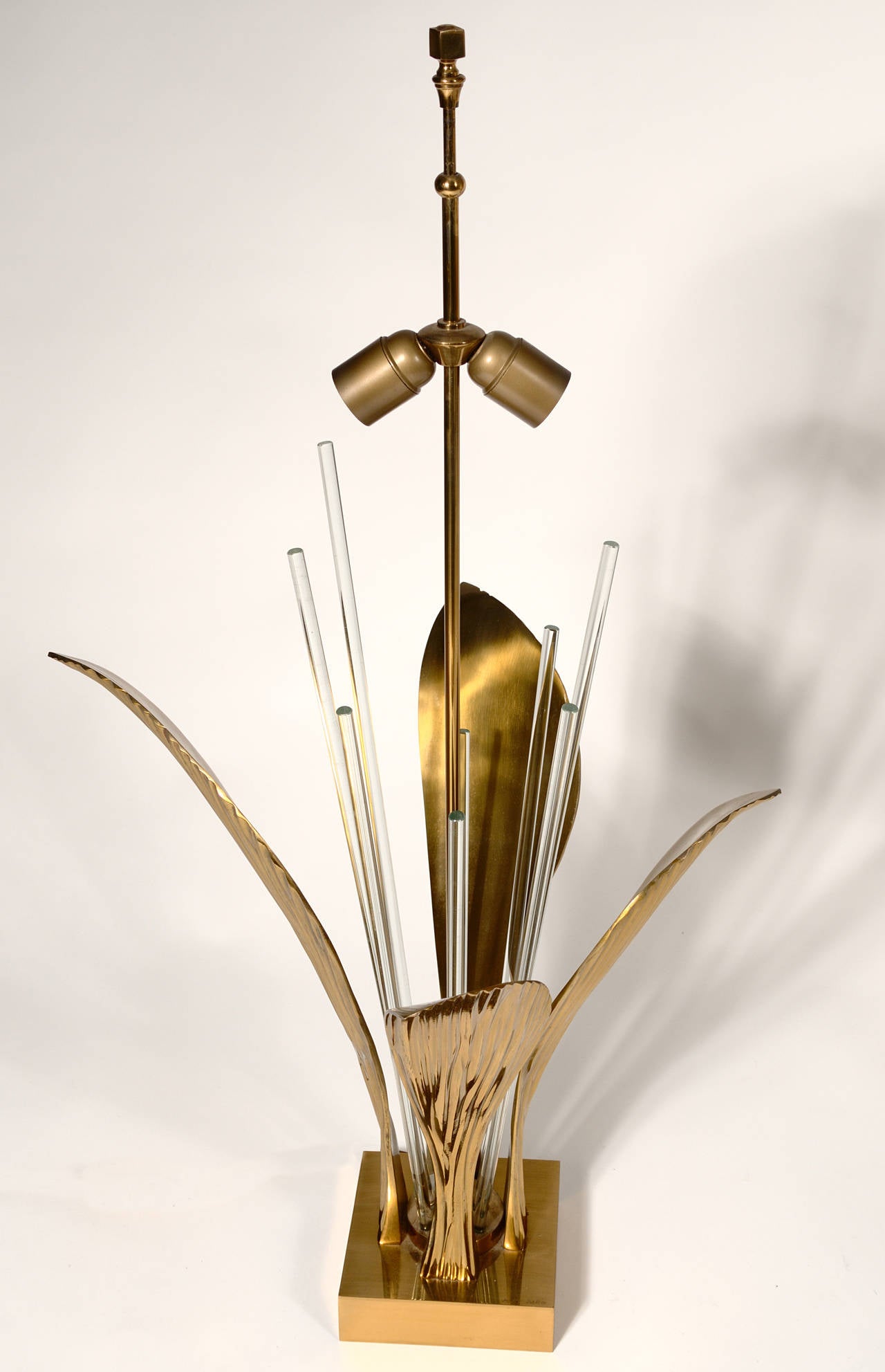 Belgian Pair of Lamps by Willy Daro Bronze Leaf and Glass For Sale