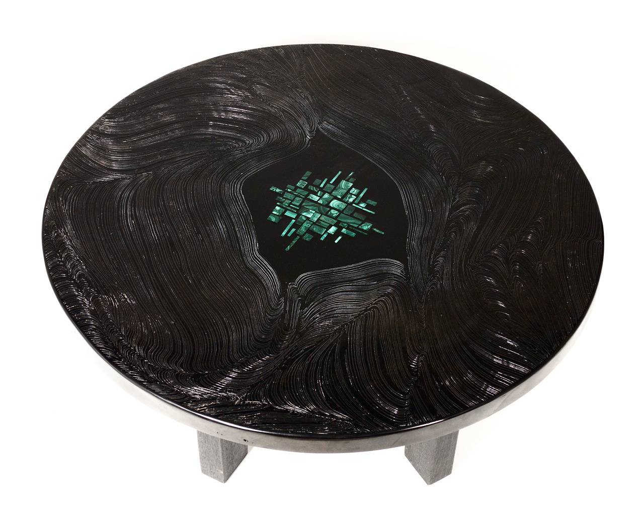 Belge Table basse circulaire en résine noire et malachite de F. Dresse en vente