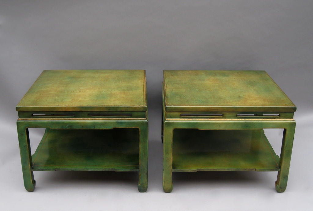 Pair of green lacquer coffee tables, circa 1950. Chinese taste.
