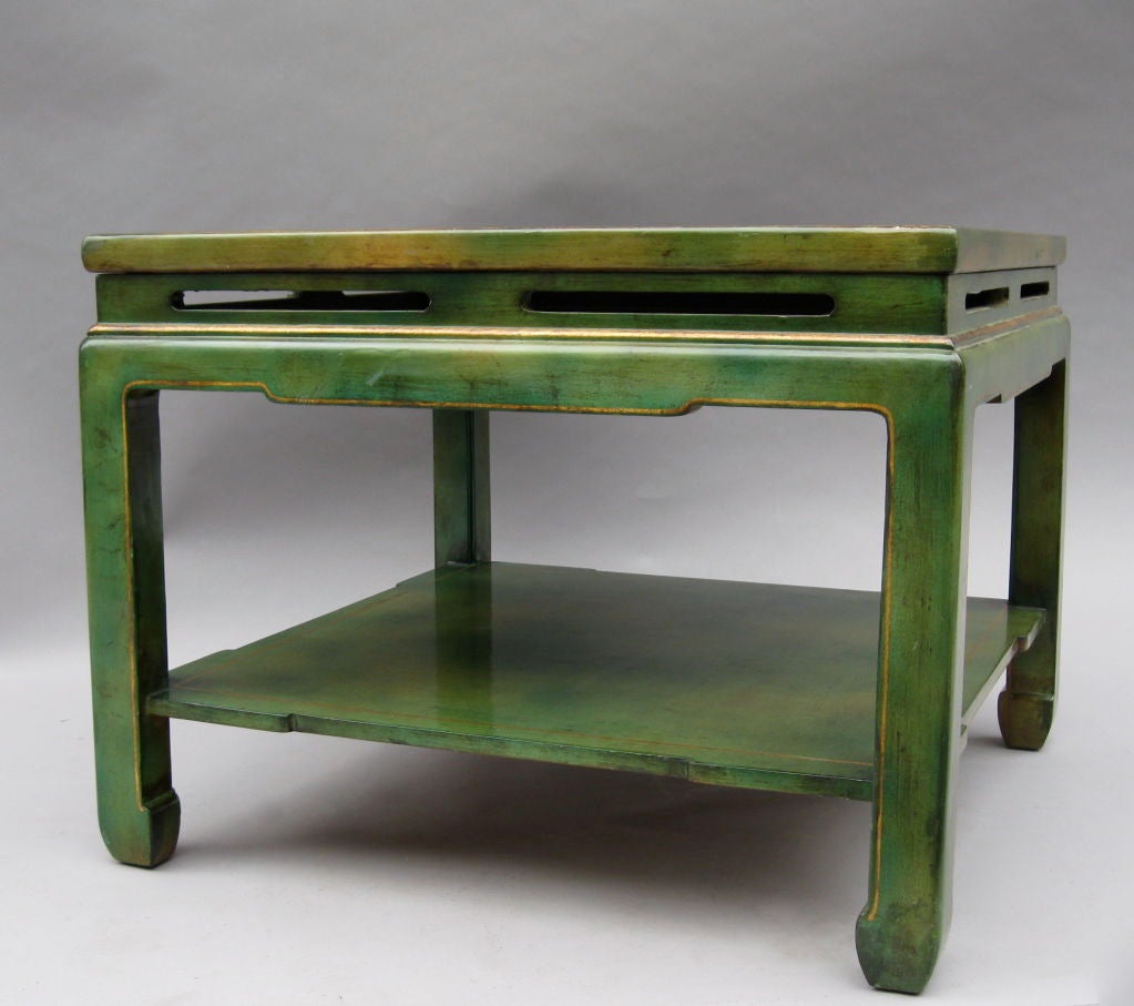 Chinoiserie Pair of 1950 Square Green Lacquered Coffee Tables