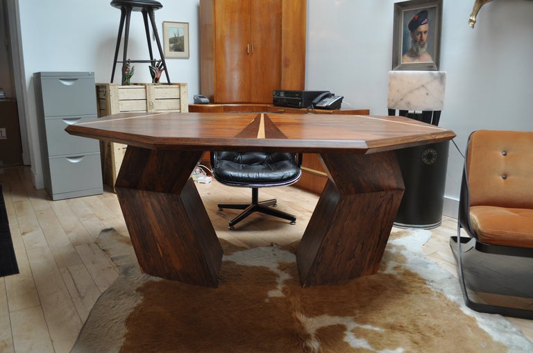 Exquisite desk with extraordinary inlay detail work.  Sits on a sculptural geometric base.  Artist marked.