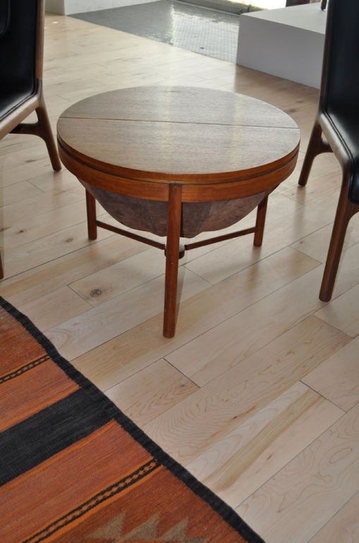 Norwegian design competition 1962-Rastad Og Relling teak sewing table stand with leather basket and revolving plastic tray. Tripod legs base.