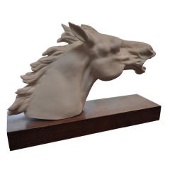 Bisque Horse Head Sculpture on Walnut Base