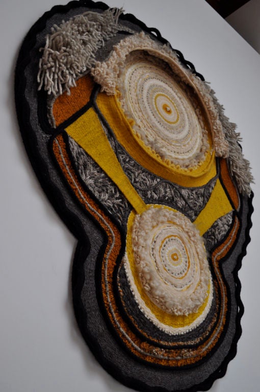 Superbly groovy hand crafted wall hanging by San Diego artist,Edith Zimmer. Elaborately woven with a mixture of hand dyed wool.