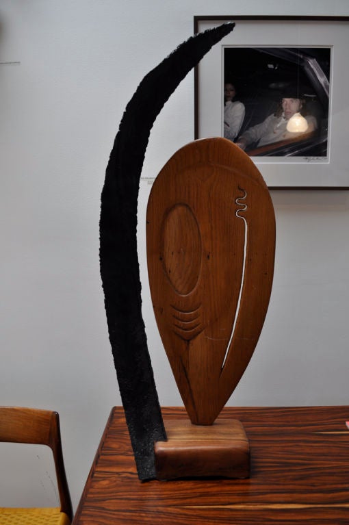 Large Scale Modern Abstract Sculpture. Carved Oak with shaped Iron flanking the oak.  1960's American, Artist Unknown.