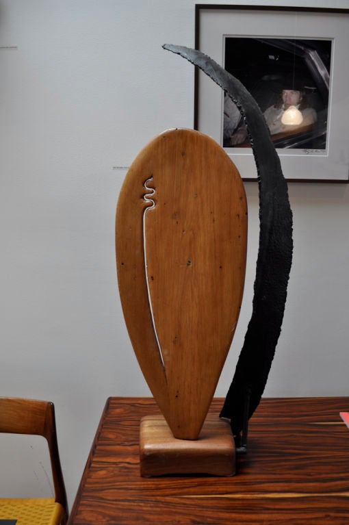 Modern Abstract Carved Oak Sculpture with Shaped Iron In Good Condition For Sale In Los Angeles, CA