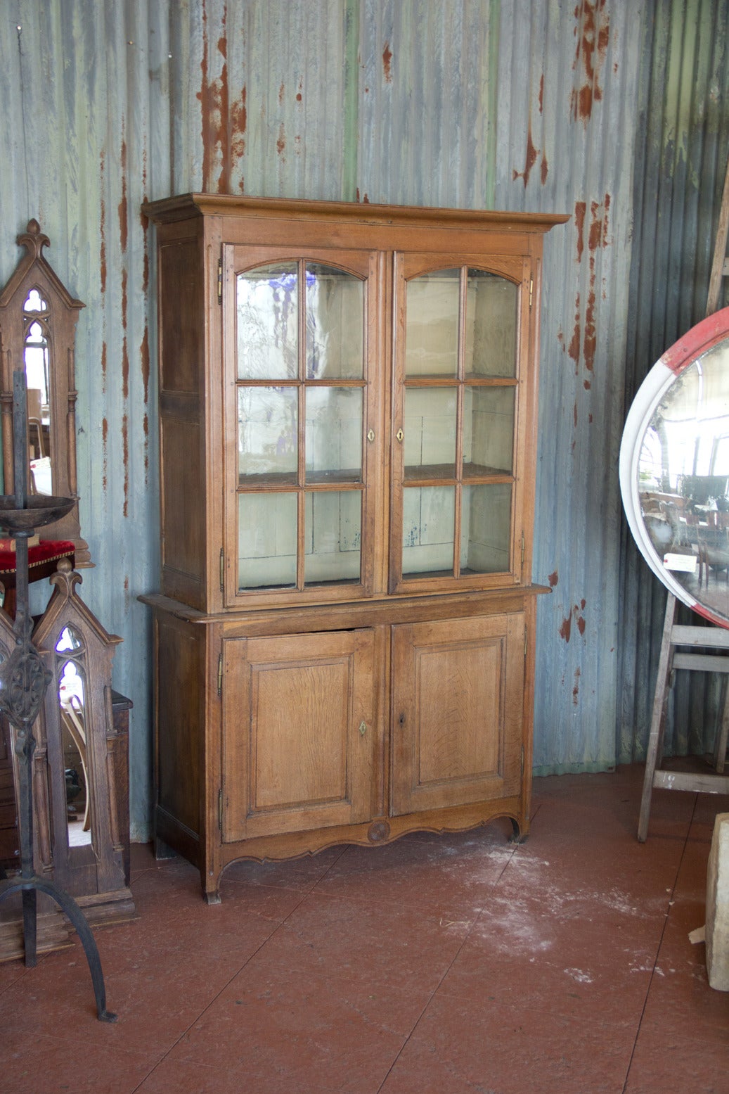 Antique oak French Provincial bibliotheque/library vitrine with original glass. Lots of storage.
