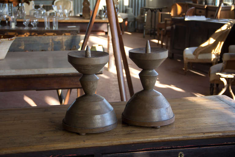Beautiful pair of Belgian Mid Century Modern turned wood candlestands.
2 sets available.