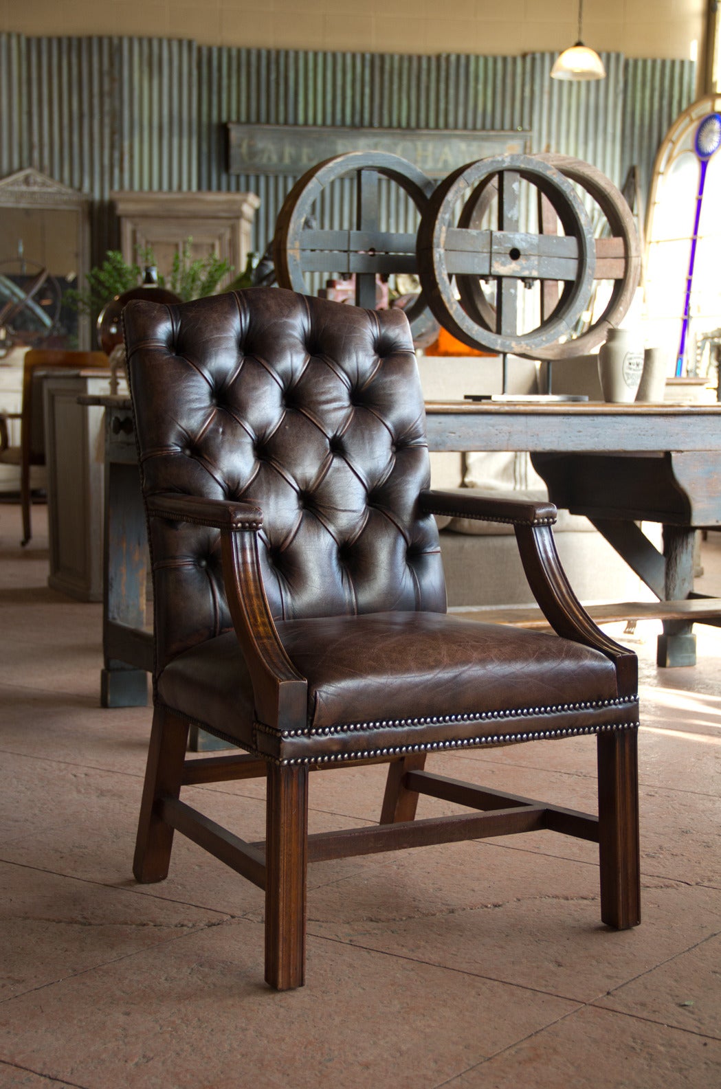 Georgian English Vintage Leather Gainsborough Chair