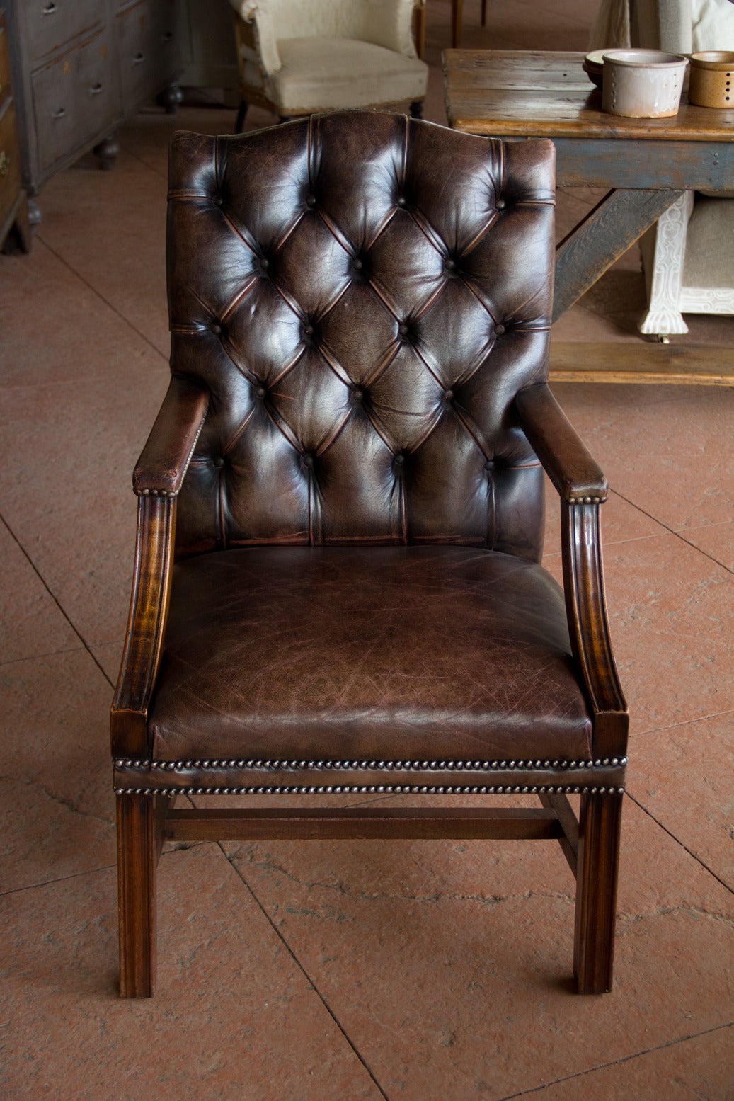 British English Vintage Leather Gainsborough Chair