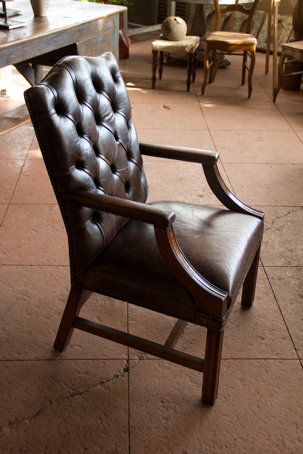 English Vintage Leather Gainsborough Chair In Good Condition In Calgary, Alberta