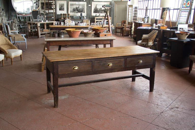 Welsh pine three-drawer preparation/serving table, circa 1850. Gorgeous patina.