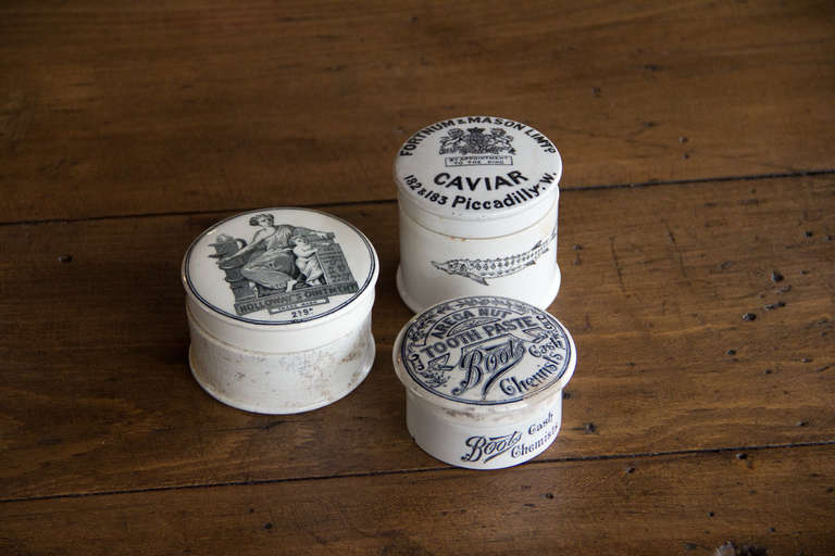Set of 3 antique ceramic lidded advertising pots with wonderful transfer prints.  Each one was 