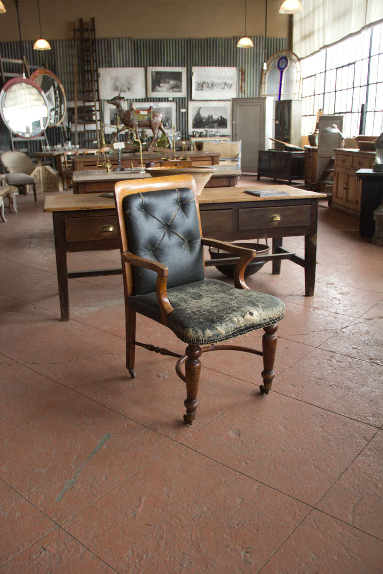 Wonderful rare Queen Anne-style gentleman's leather library chair with tufted back, turned legs, crinoline stretcher and original caster wheels.