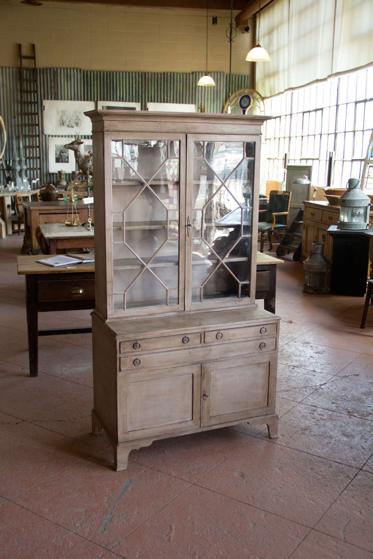 Vintage petite French yew wood bookcase with astragal glazed doors, hand painted 