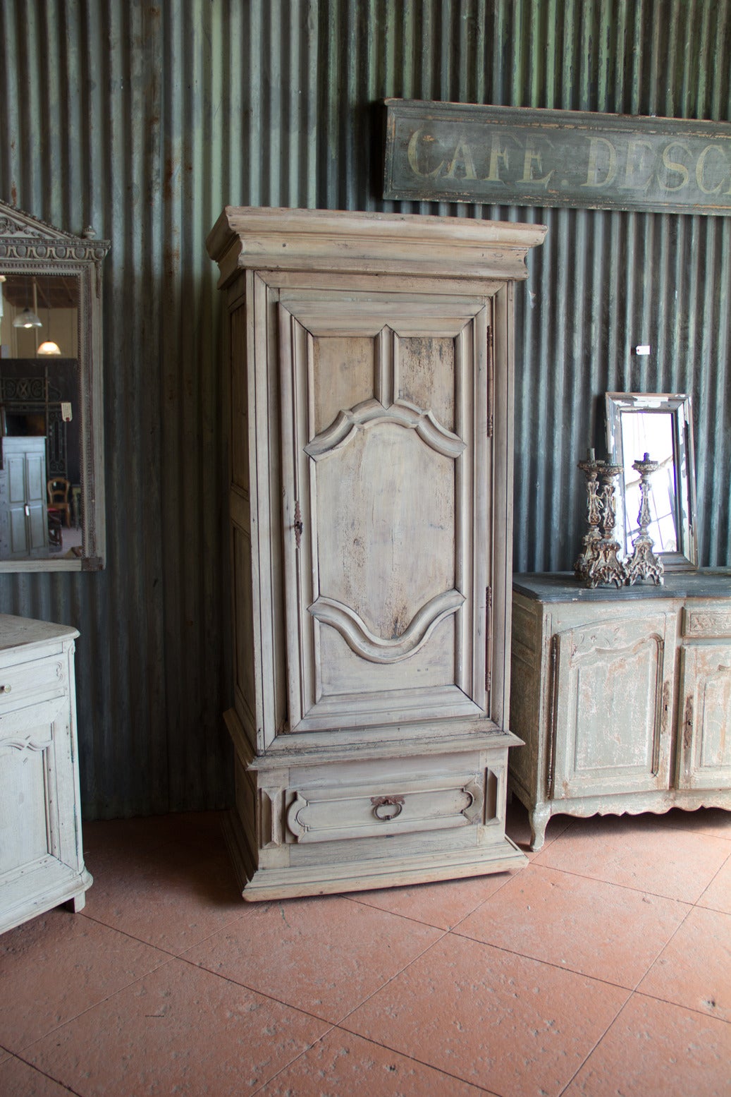Antique bleached single door oak armoire with substantially thick carved raised panels and mouldings. Single drawer to base. Great kitchen pantry!