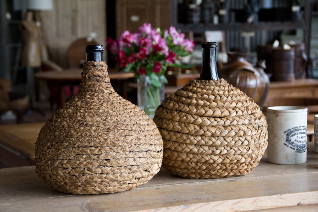 Pair of 18th Century Wine Bottles Wrapped In Rush Covers