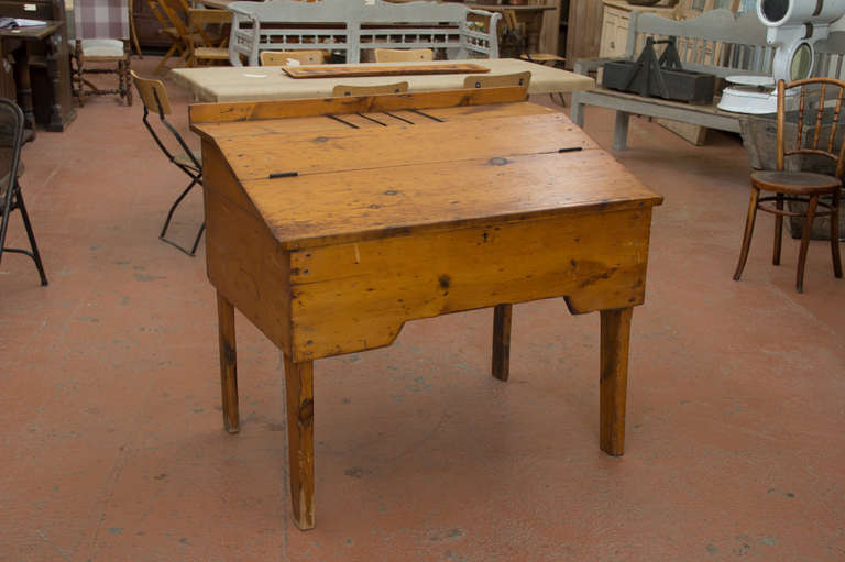 Large French antique pine sloped top Primitive teacher's desk. Great patina.