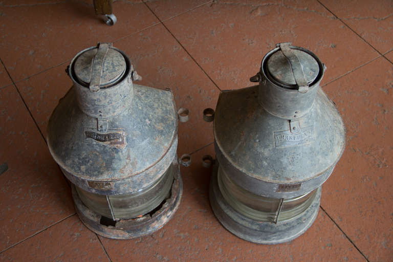 Pair Large Vintage Nautical Lanterns In Distressed Condition In Calgary, Alberta