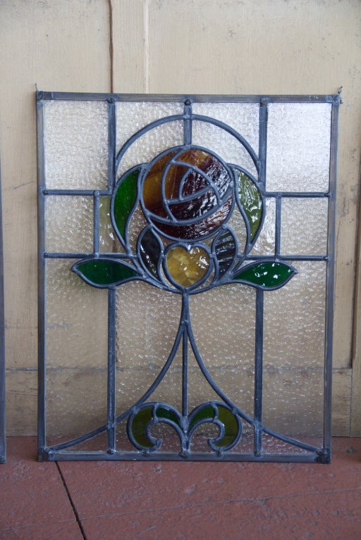 Glass Set of 4 Art Nouveau Leaded Windows