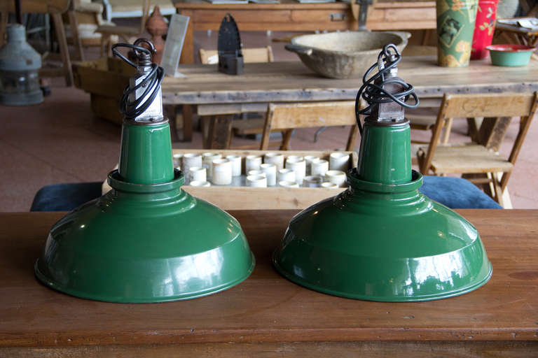 Pair of Green Enamel Factory Lights