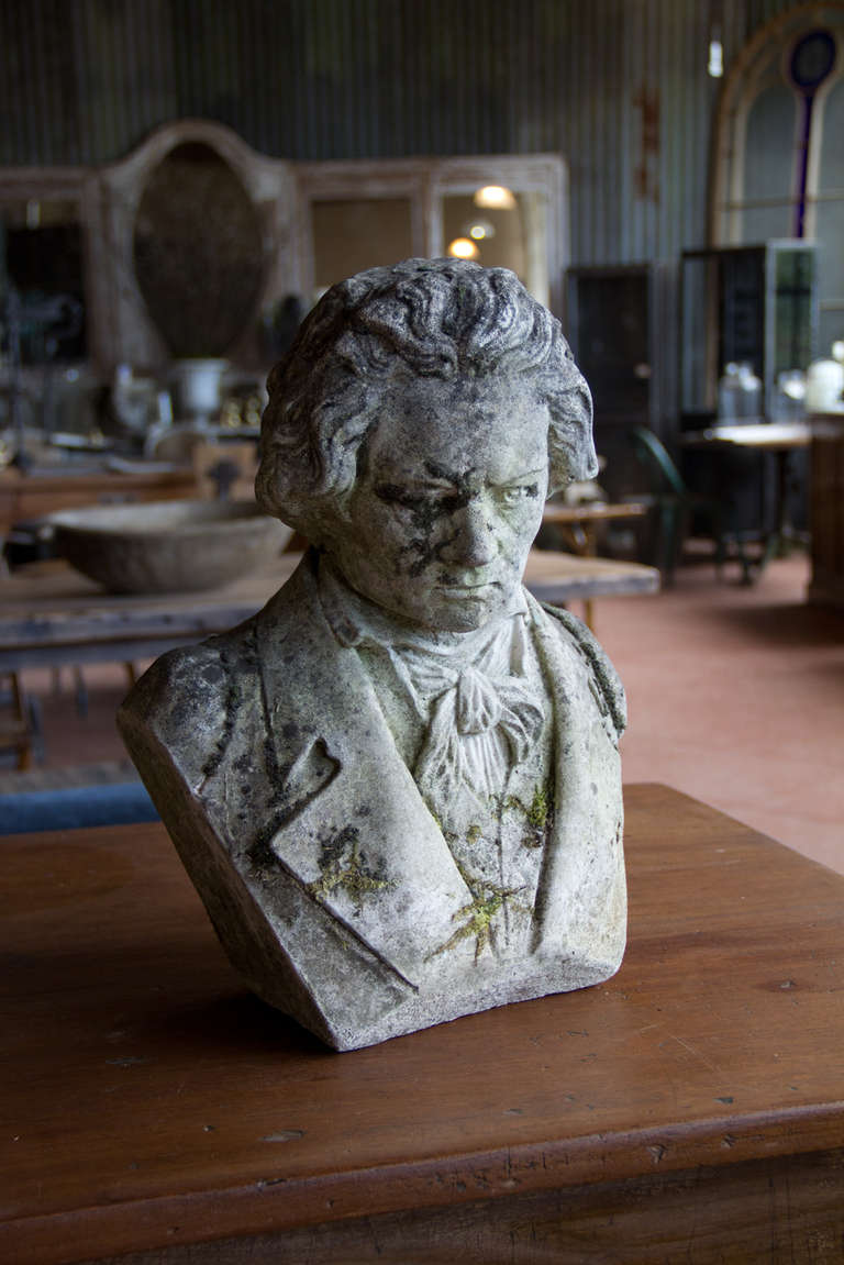 This wonderful bust of Ludwig van Beethoven, once sat on a stone plinth, somewhat forgotten, in an English country garden.  It still has signs of moss and greenery with a wonderful patina.