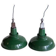 Pair of Green Enamel Factory Lights