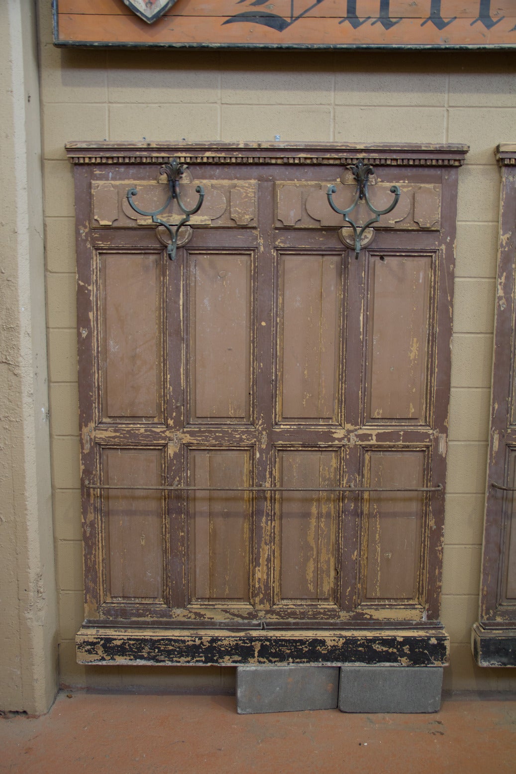 Stunning antique French chateau hallway panel with original zinc umbrella drip gulley, bronze coat hooks and original paint.

We have two available as shown in photos. Price is for one.