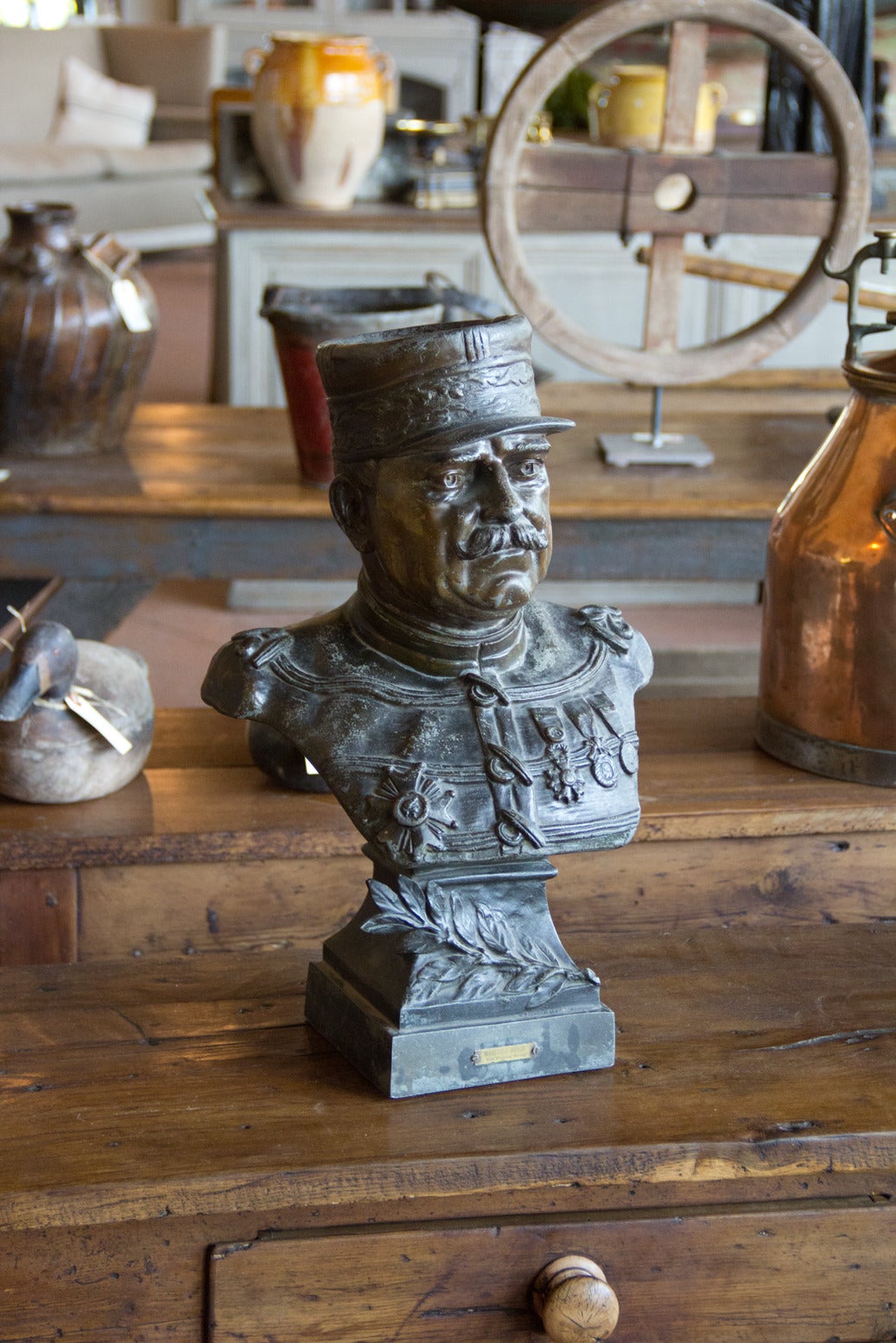 A bronze finished spelter bust of Joseph Joffre who served as Commander-In-Chief of the French forces on the western front. It is signed by H. Fugere (1872-1944).