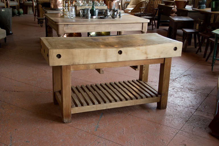 Vintage English Butcher S Block Table At 1stdibs Large And Substantial English Vintage Butcher S Block Table With 12 Bolts Slatted Shelf