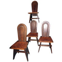 Joseph Savina 4 Leather and Oak Chairs