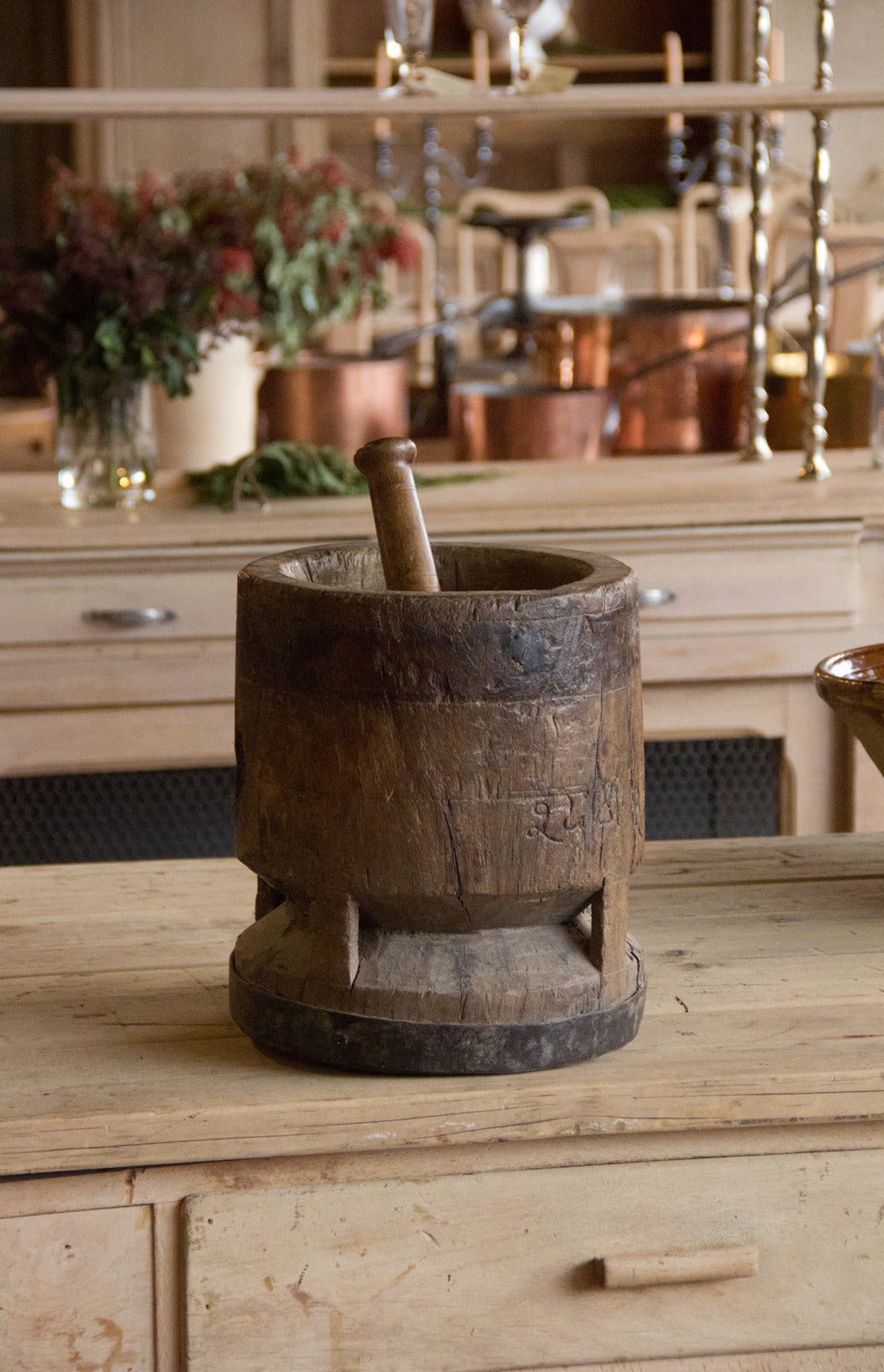 Beautiful and gnarly antique wooden mortar and pestle.