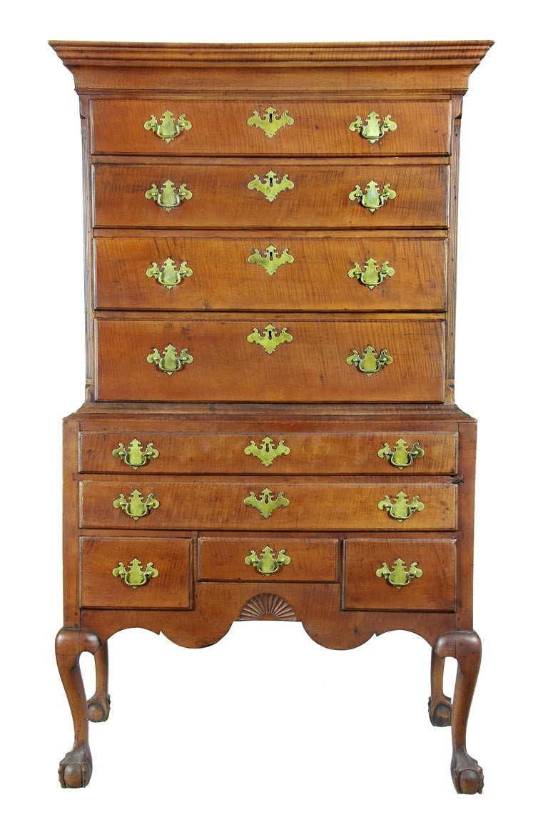 Tiger Maple High Chest, with Claw and Ball Feet and Shell, New York