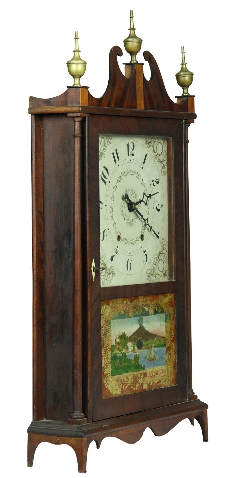 Neoclassical Mahogany and Federal Hepplewhite Pillar and Scroll Shelf Clock, Bishop & Bradley For Sale