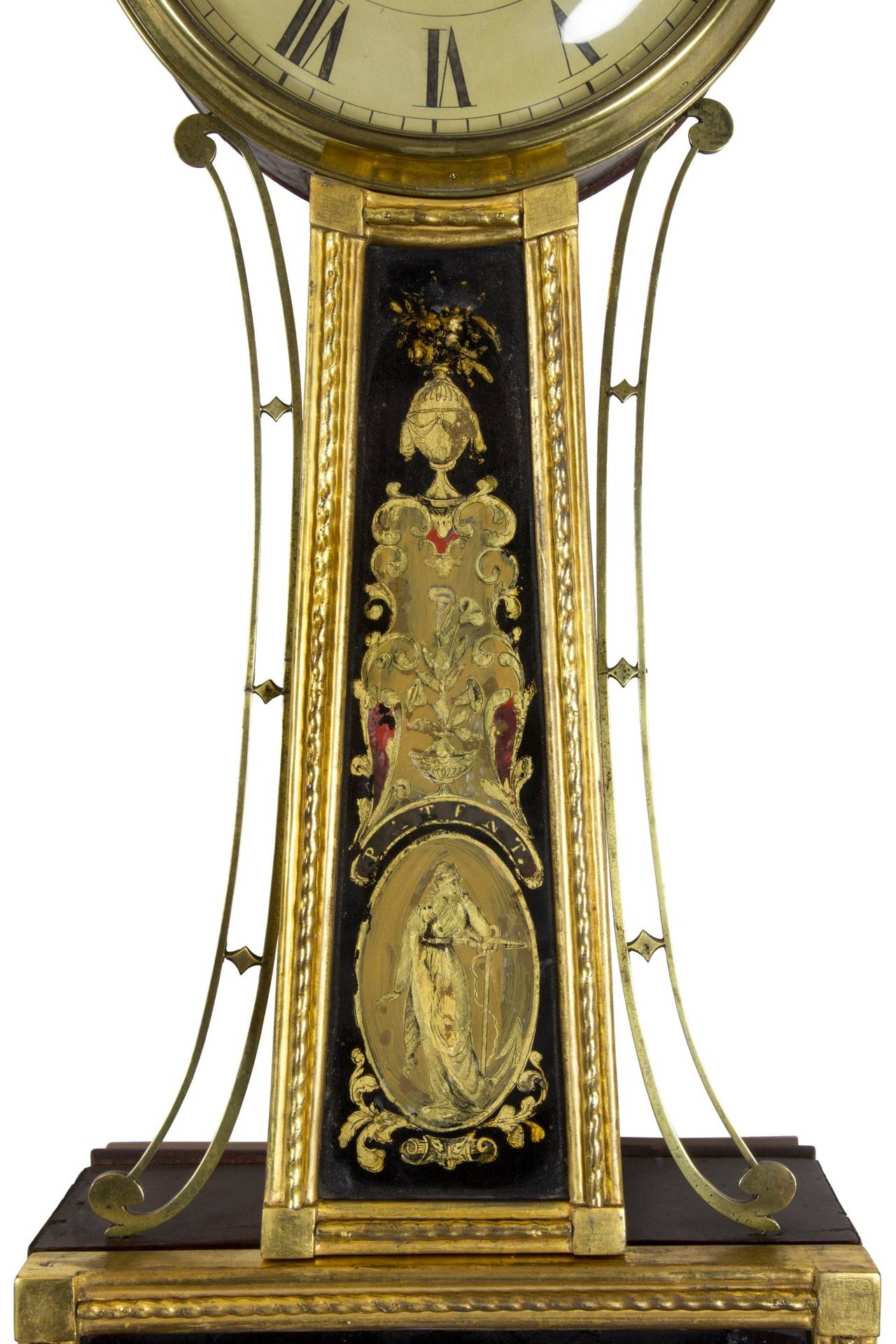 This clock has its original reverse paintings showing a dynamic naval battle, above a banner bearing the names of the four primary American naval heros of the War of 1812: Captain Isaac Hull, Stephen Decatur, William Bainbridge, and Jacob Jones. 