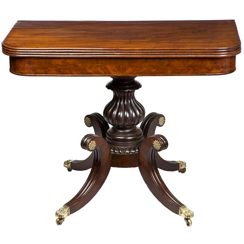 Highly Figured Mahogany Classical Card Table on Saber Legs, Salem, circa 1820 For Sale
