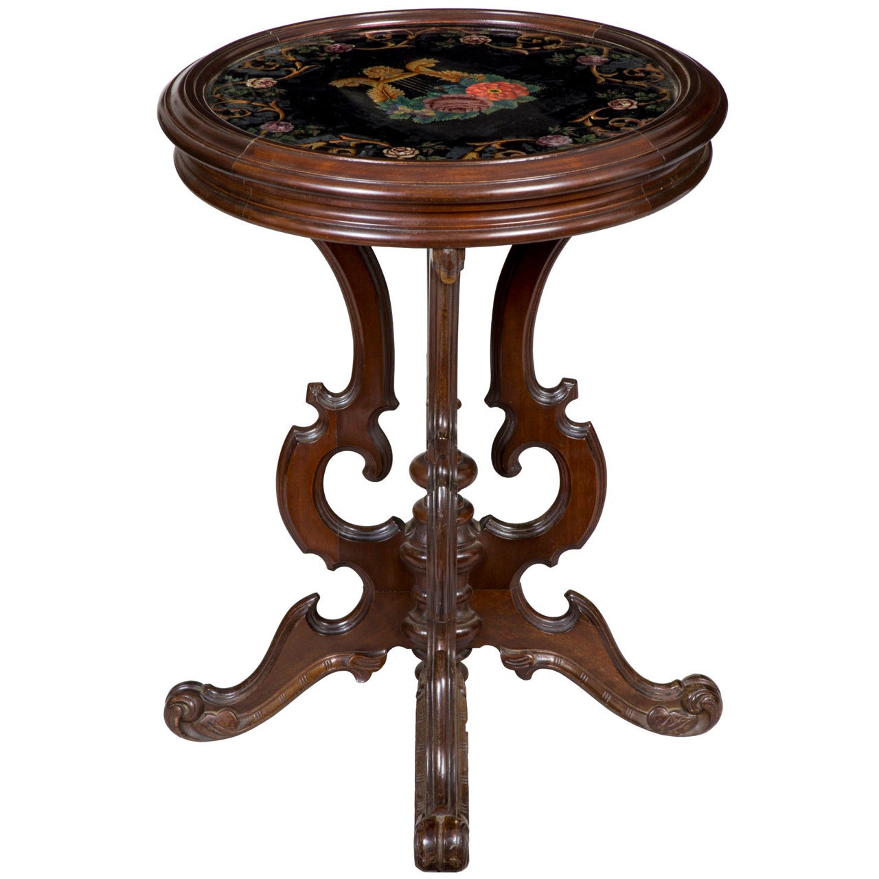 Rococo Revival Walnut Stand with Reverse Painted Lyre on Glass, circa 1850-1860 For Sale