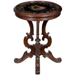Rococo Revival Walnut Stand with Reverse Painted Lyre on Glass, circa 1850-1860