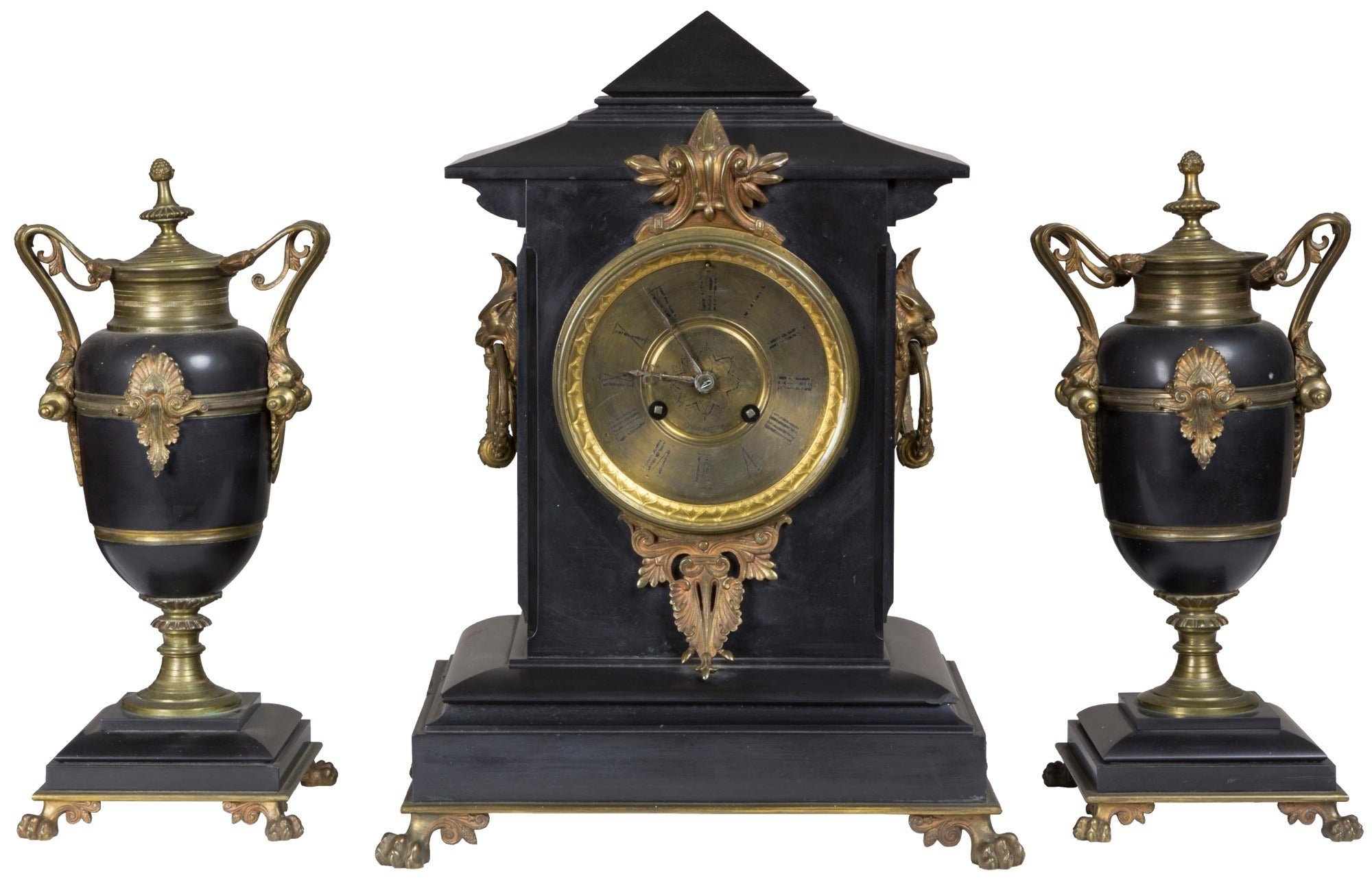 Victorian Black Marble Three-Piece Mantel Clock with Mounts, circa 1880 For Sale