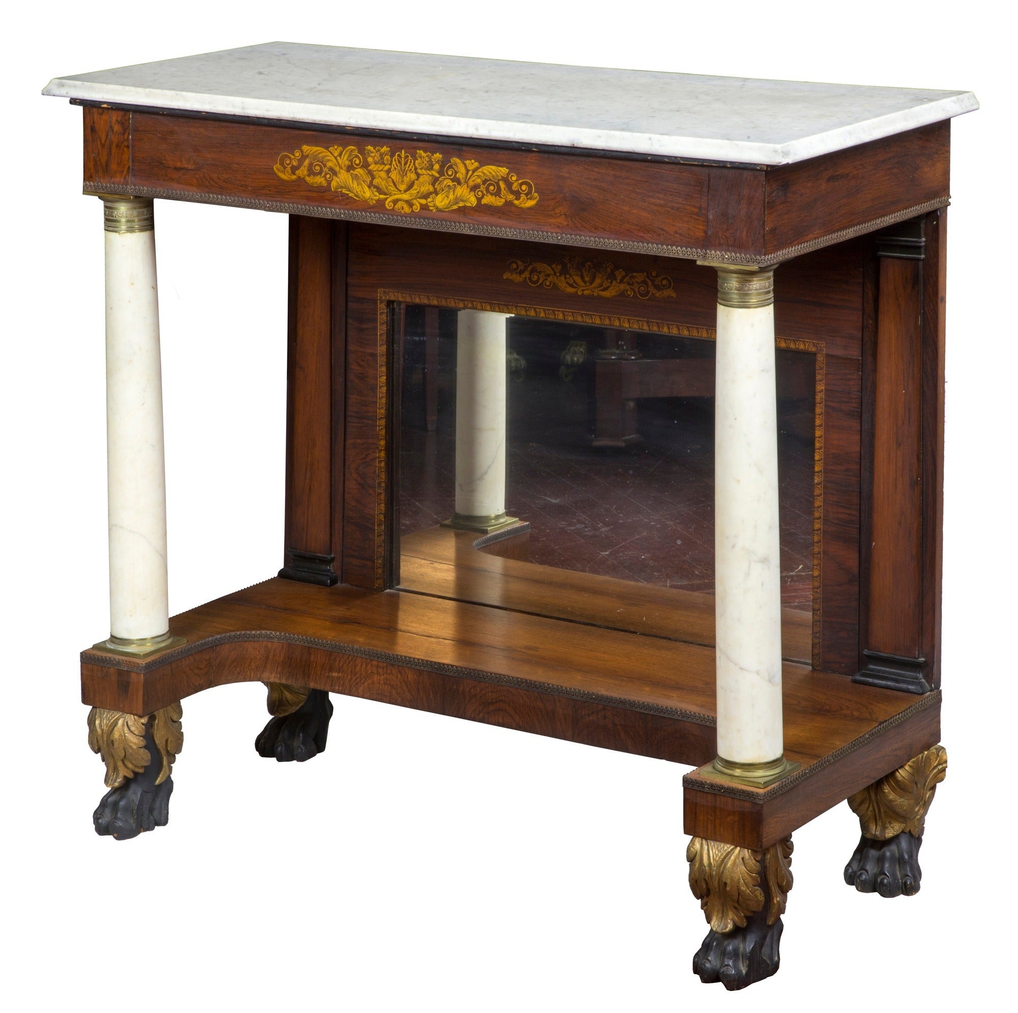 Rosewood Stenciled Pier Table with Marble Columns, New York, 1830