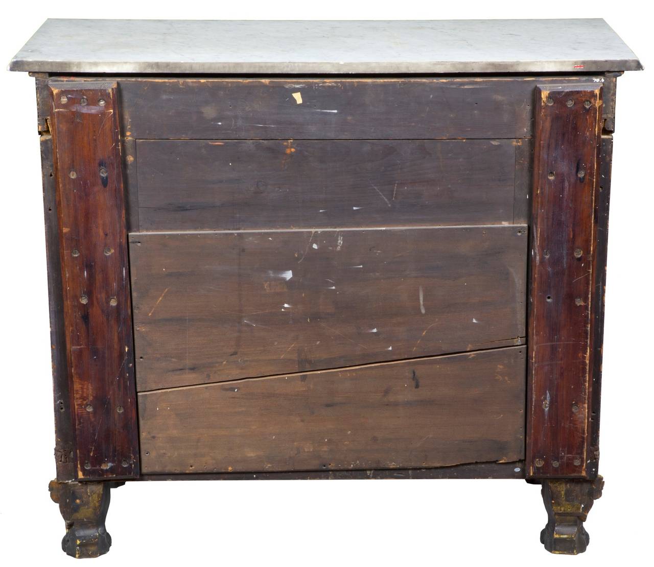 This pier table is in its original first surface and untouched condition. The beautiful marble columns are finished with gilt capitals and the aprons additionally have a Fine brass edging, as does the base. The stenciling is all there and the