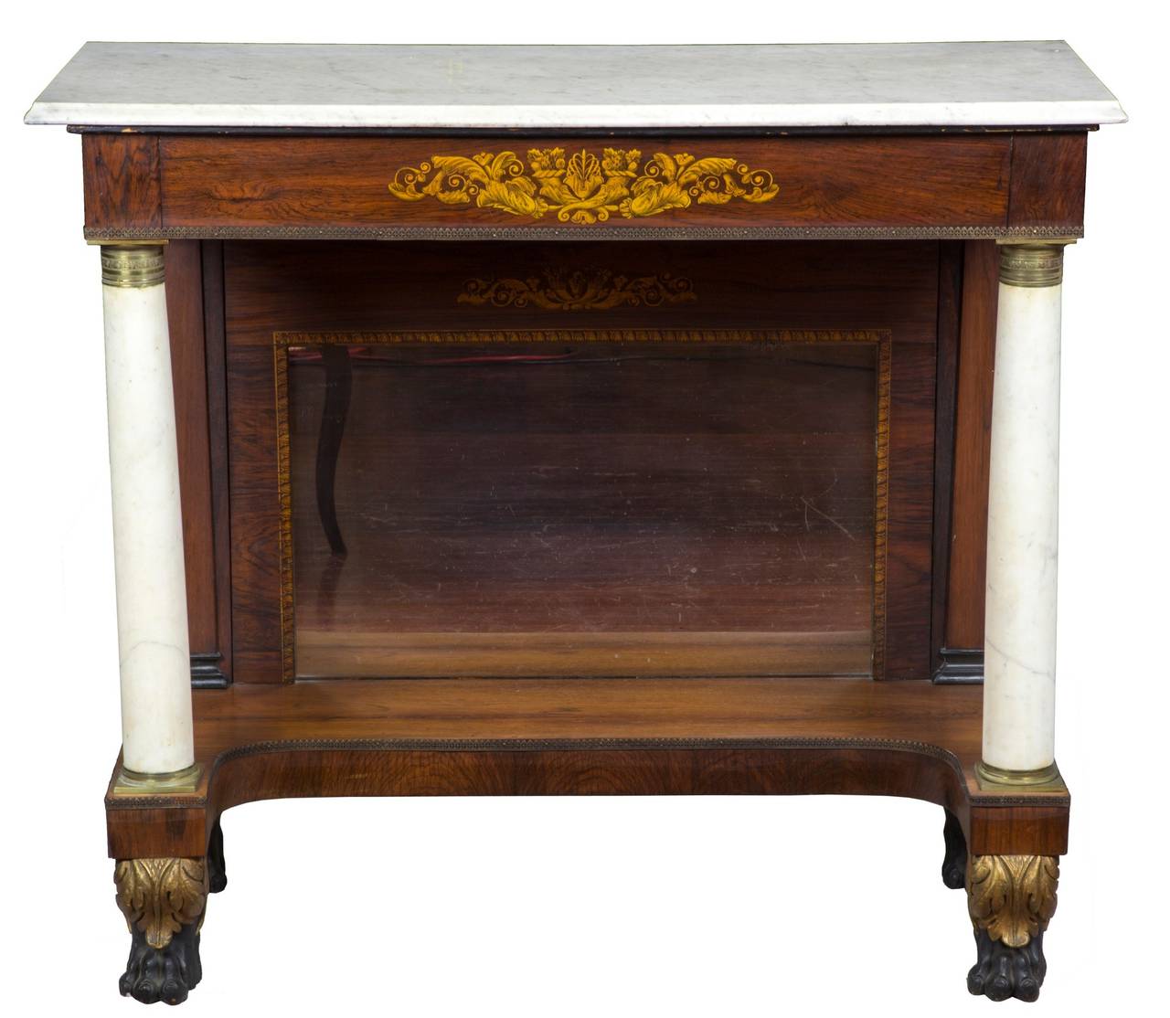 Brass Rosewood Stenciled Pier Table with Marble Columns, New York, 1830